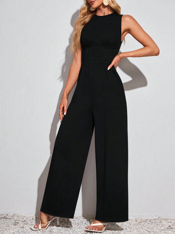 Spring/Summer Casual Solid Color Sleeveless Wide Leg Jumpsuit With Round Neckline