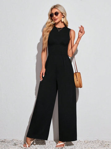 Spring/Summer Casual Solid Color Sleeveless Wide Leg Jumpsuit With Round Neckline