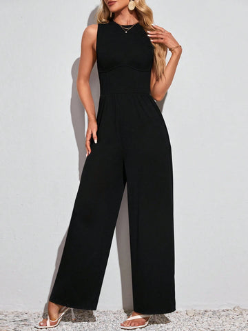 Spring/Summer Casual Solid Color Sleeveless Wide Leg Jumpsuit With Round Neckline