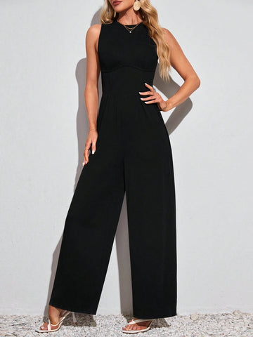 Spring/Summer Casual Solid Color Sleeveless Wide Leg Jumpsuit With Round Neckline
