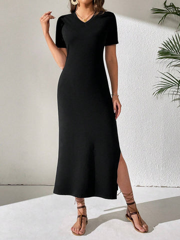l Summer Casual Personality Solid Color Slit V-Neck Bodycon Dress For Outings