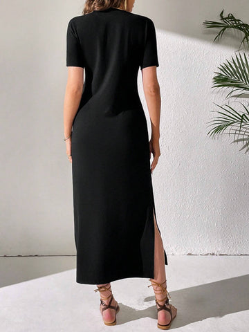 l Summer Casual Personality Solid Color Slit V-Neck Bodycon Dress For Outings
