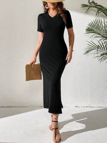 l Summer Casual Personality Solid Color Slit V-Neck Bodycon Dress For Outings
