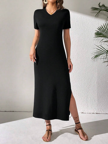l Summer Casual Personality Solid Color Slit V-Neck Bodycon Dress For Outings