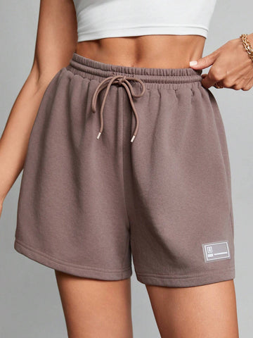 Tall Summer Loose And Casual Brown Drawstring Waist Patched Detail Sports Shorts