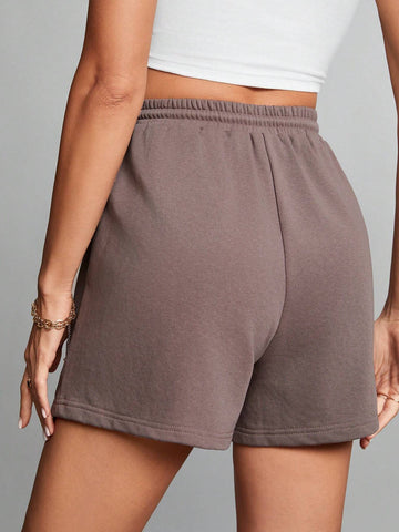 Tall Summer Loose And Casual Brown Drawstring Waist Patched Detail Sports Shorts