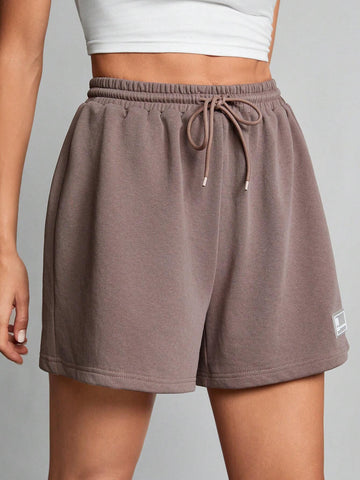 Tall Summer Loose And Casual Brown Drawstring Waist Patched Detail Sports Shorts