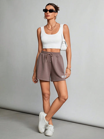 Tall Summer Loose And Casual Brown Drawstring Waist Patched Detail Sports Shorts