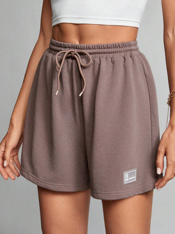Tall Summer Loose And Casual Brown Drawstring Waist Patched Detail Sports Shorts
