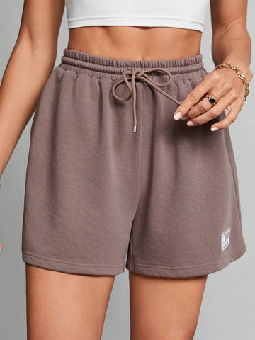 Tall Summer Loose And Casual Brown Drawstring Waist Patched Detail Sports Shorts