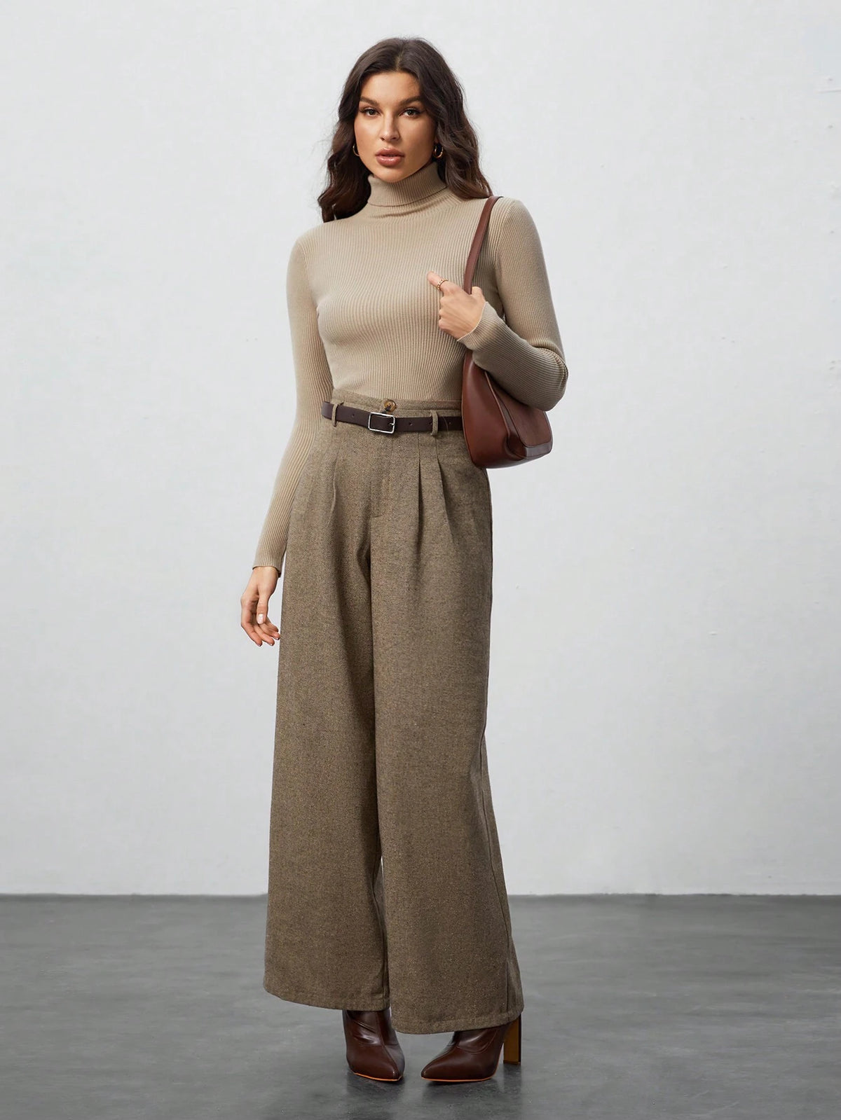 Tall Thick Woven Jacquard Woolen Women's Trousers (Including Belt) Suitable For Autumn And Winter