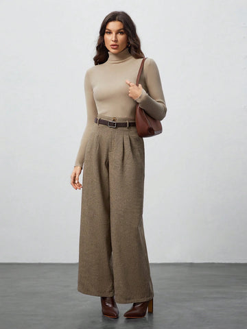 Tall Thick Woven Jacquard Woolen Women's Trousers (Including Belt) Suitable For Autumn And Winter