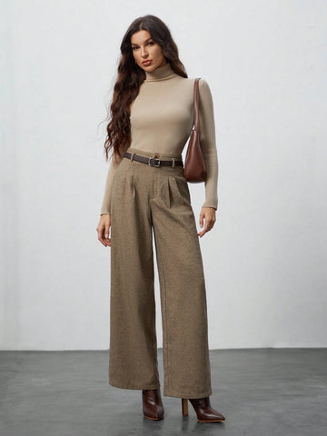 Tall Thick Woven Jacquard Woolen Women's Trousers (Including Belt) Suitable For Autumn And Winter