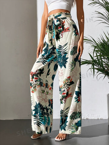 Tall Tropical Print Belted Wide Leg Pants