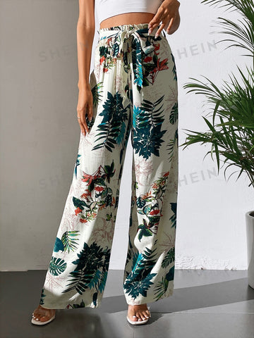 Tall Tropical Print Belted Wide Leg Pants