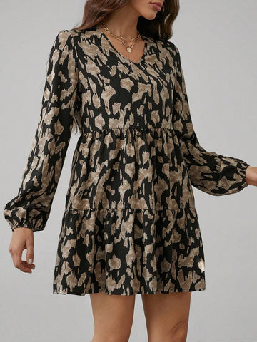 V-Neck Ruffled Hem A-Line Casual Vacation Print Dress