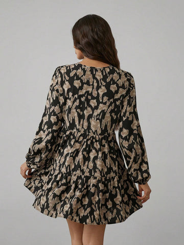 V-Neck Ruffled Hem A-Line Casual Vacation Print Dress