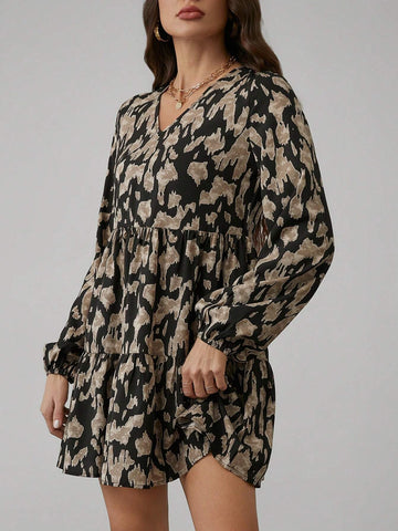 V-Neck Ruffled Hem A-Line Casual Vacation Print Dress