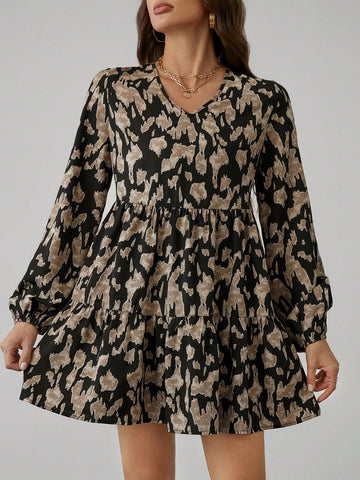 V-Neck Ruffled Hem A-Line Casual Vacation Print Dress