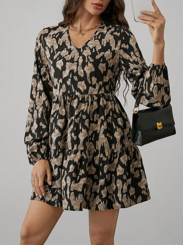 V-Neck Ruffled Hem A-Line Casual Vacation Print Dress