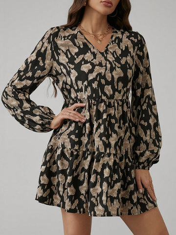 V-Neck Ruffled Hem A-Line Casual Vacation Print Dress