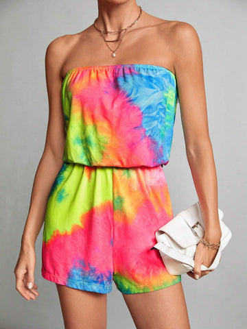 Vacation Tie-Dye Print Strapless Summer Women Short Jumpsuit