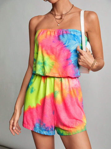Vacation Tie-Dye Print Strapless Summer Women Short Jumpsuit