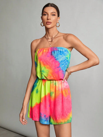 Vacation Tie-Dye Print Strapless Summer Women Short Jumpsuit