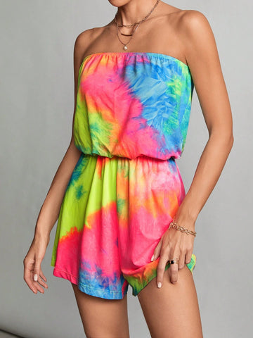 Vacation Tie-Dye Print Strapless Summer Women Short Jumpsuit