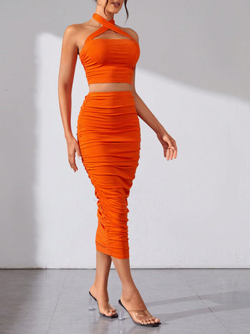 Women'S Cross Halter Neckline Ruched Two-Piece Set