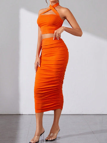 Women'S Cross Halter Neckline Ruched Two-Piece Set