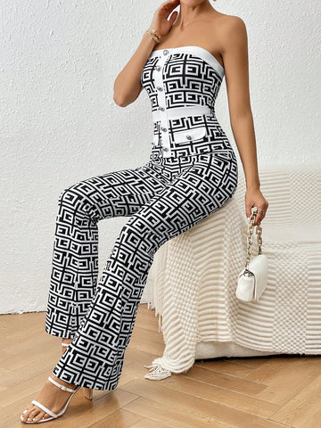 Women'S Geometric Print Front Buttoned Strapless Jumpsuit