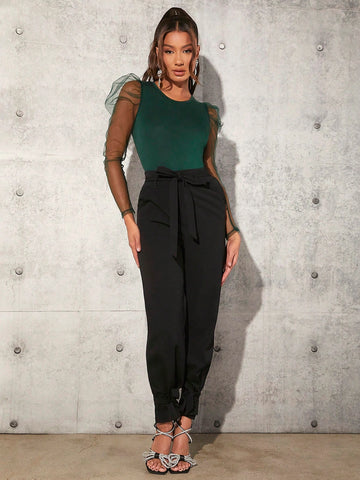Women'S Mesh Patchwork Sheep Leg Sleeve Bodysuit