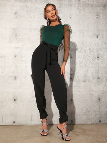 Women'S Mesh Patchwork Sheep Leg Sleeve Bodysuit
