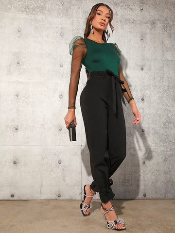 Women'S Mesh Patchwork Sheep Leg Sleeve Bodysuit