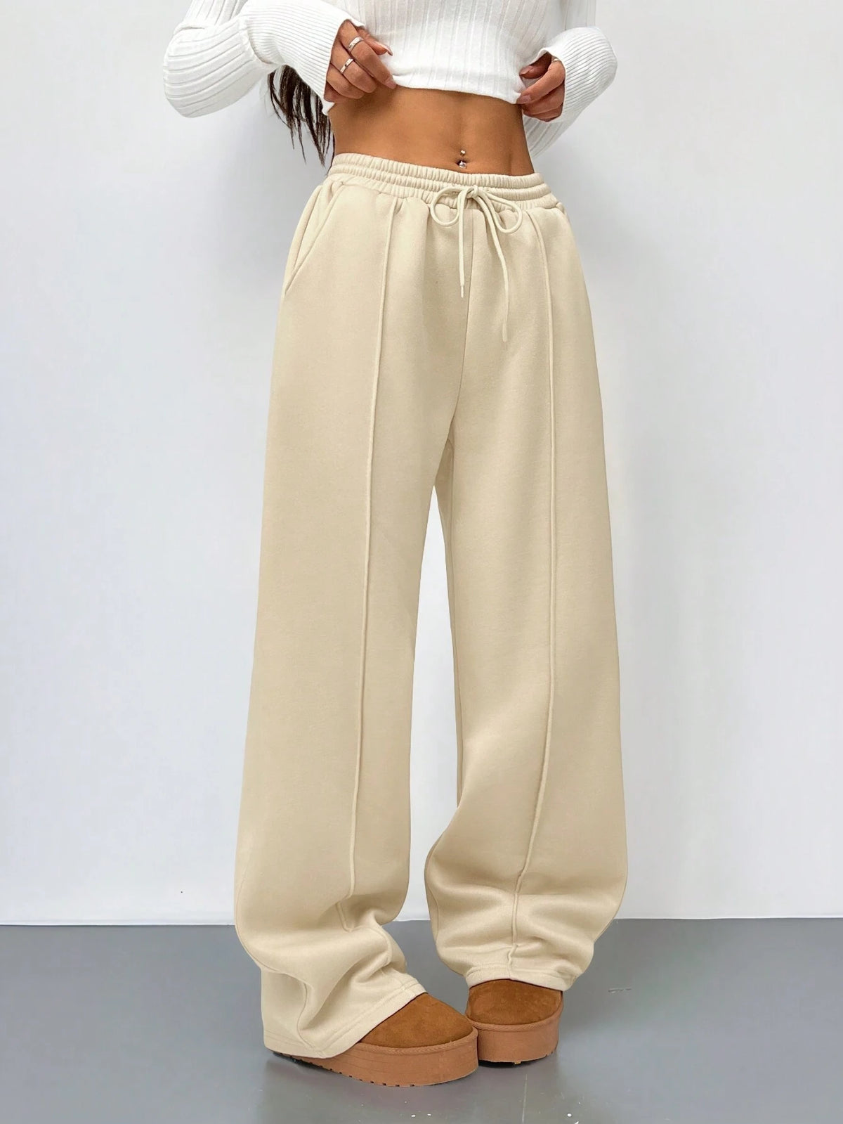 Tall Women Fall Khaki Pebble Seam Detail Straight Leg Sweatpants
