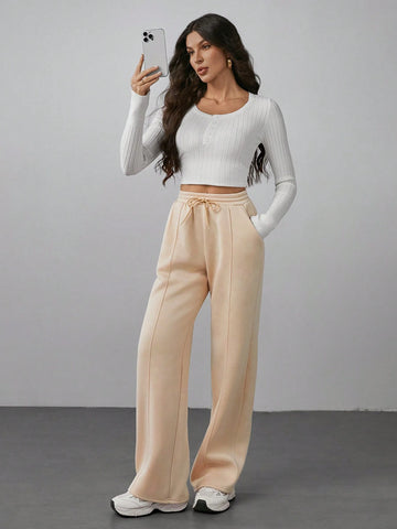 Tall Women Fall Khaki Pebble Seam Detail Straight Leg Sweatpants