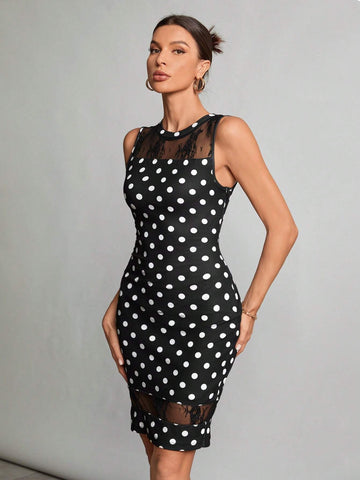 Women Polka Dot Printed Lace Patchwork Slim Fit Summer Dress