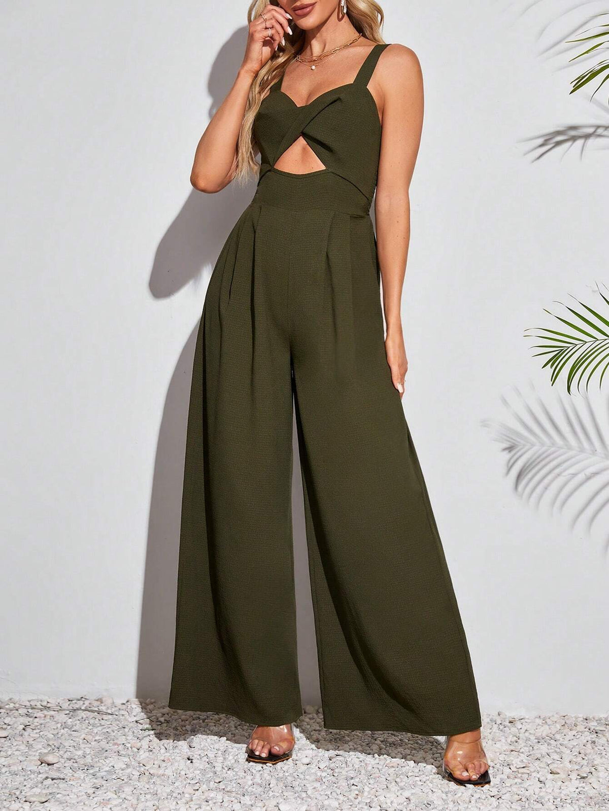 Women Solid Color Loose One-Piece Summer Beach Jumpsuit With Thin Shoulder Straps