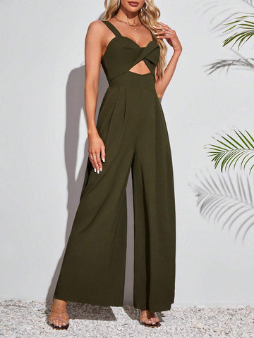 Women Solid Color Loose One-Piece Summer Beach Jumpsuit With Thin Shoulder Straps
