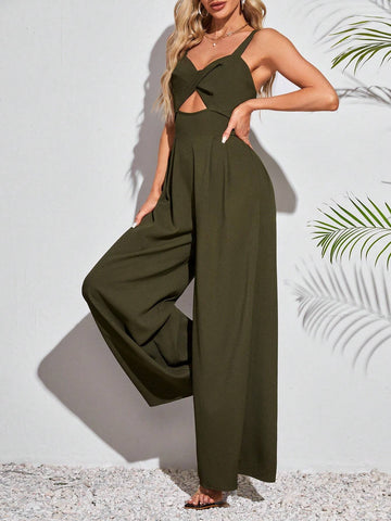 Women Solid Color Loose One-Piece Summer Beach Jumpsuit With Thin Shoulder Straps