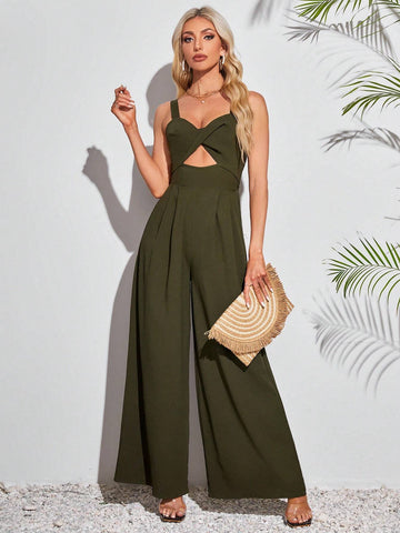 Women Solid Color Loose One-Piece Summer Beach Jumpsuit With Thin Shoulder Straps