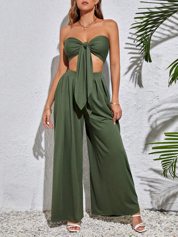 Women Two Piece Set With Front Tie Strapless Top And Pants For Spring/Summer, Perfect Outfit For Single Party, Spring Break Or Birthday