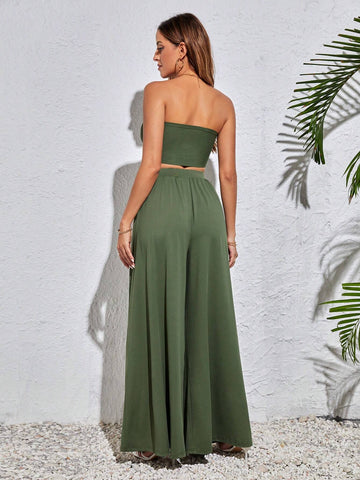 Women Two Piece Set With Front Tie Strapless Top And Pants For Spring/Summer, Perfect Outfit For Single Party, Spring Break Or Birthday