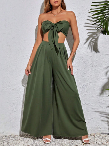 Women Two Piece Set With Front Tie Strapless Top And Pants For Spring/Summer, Perfect Outfit For Single Party, Spring Break Or Birthday