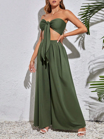 Women Two Piece Set With Front Tie Strapless Top And Pants For Spring/Summer, Perfect Outfit For Single Party, Spring Break Or Birthday