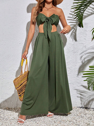 Women Two Piece Set With Front Tie Strapless Top And Pants For Spring/Summer, Perfect Outfit For Single Party, Spring Break Or Birthday