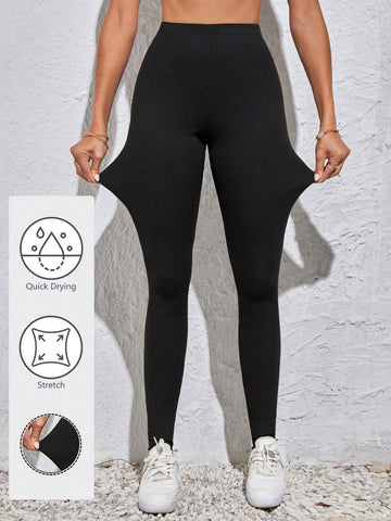 Tall Women Waffle Knit Moisture Wicking And Sweat Resistant Solid Color High Waist Skinny Black Leggings