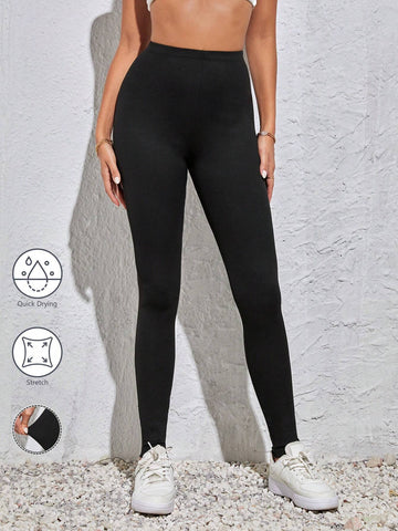 Tall Women Waffle Knit Moisture Wicking And Sweat Resistant Solid Color High Waist Skinny Black Leggings