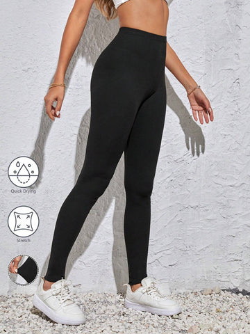 Tall Women Waffle Knit Moisture Wicking And Sweat Resistant Solid Color High Waist Skinny Black Leggings